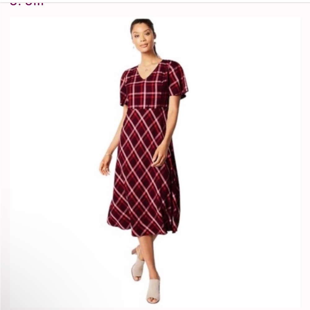 J.Jill Midi Dress Short Sleeves Plaid Burgundy Red